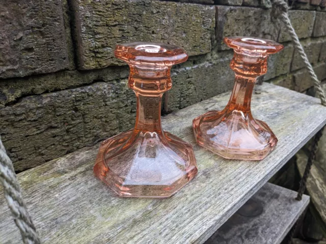 Stunning 1930s Art Deco  Pair of Candle Sticks Crystal Pink Glass