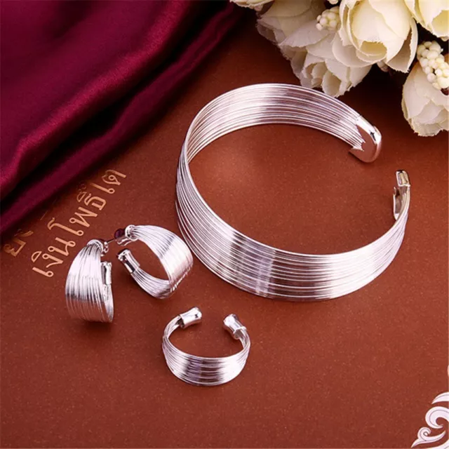 925 sterling Silver Retro multi-line bangle bracelet rings earring for woman Set