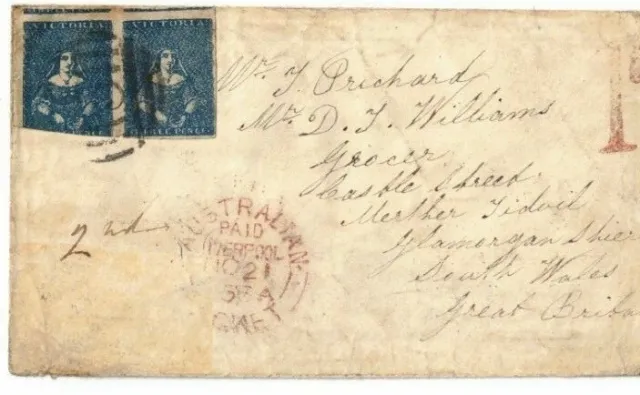 Stamps 1856 Victoria pair 3d half lengths on cover Ballarat to England taxed 1d