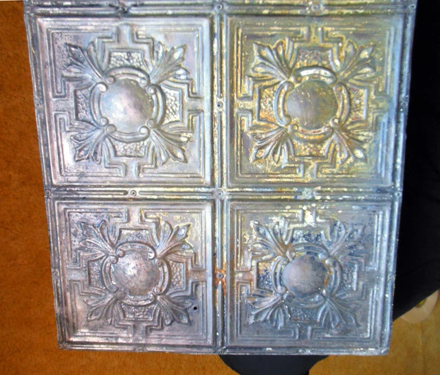 Antique Victorian Gothic Ceiling Tin Tile Cottage Chic Yellow Blue Trifoil Fleur