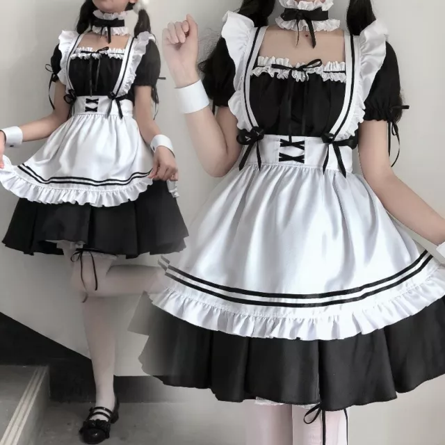 Damen Maid Kleid Lolita Gothic Rüschen Puffärmel Kellnerin Cosplay Süß Neu