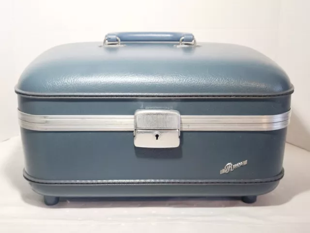 Vintage REVERE Train Hard Case Luggage Vanity Blue Mirror Tray No Key
