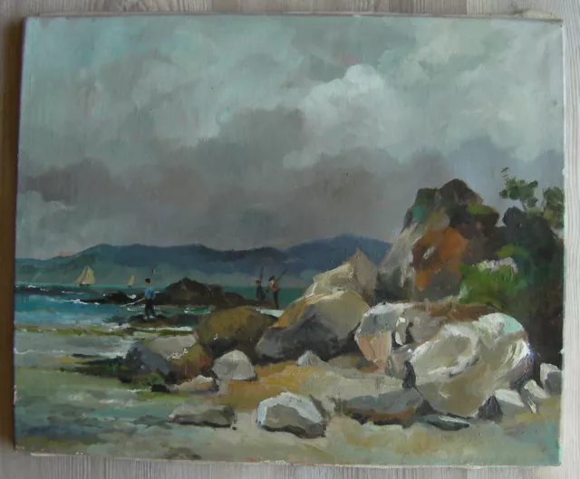 Tableau Huile Sur Toile - Les Falaises Par Gisèle Depasse - École Française XXe - Bon état