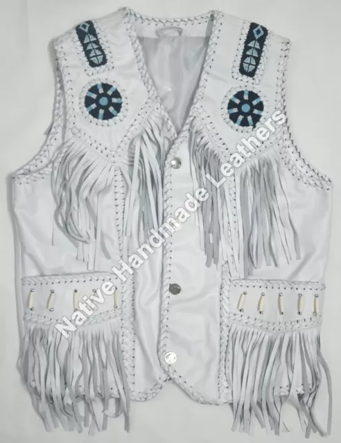 Mens Western Cowboy Genuine White Leather Handmade Beaded Vest Fringe Bone Braid