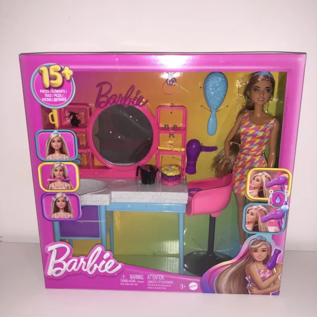 Barbie Doll and Hair Salon Playset Long Colour Change Hair ✅ NEW SEALED FREE P&P