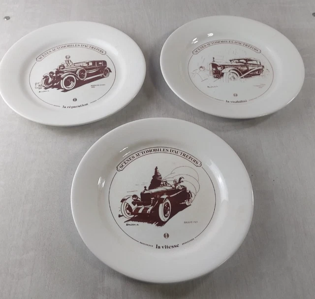 3 Assiettes Gien – Scènes Automobiles Hispano Suiza 1926 'La Réparation' – Faïence