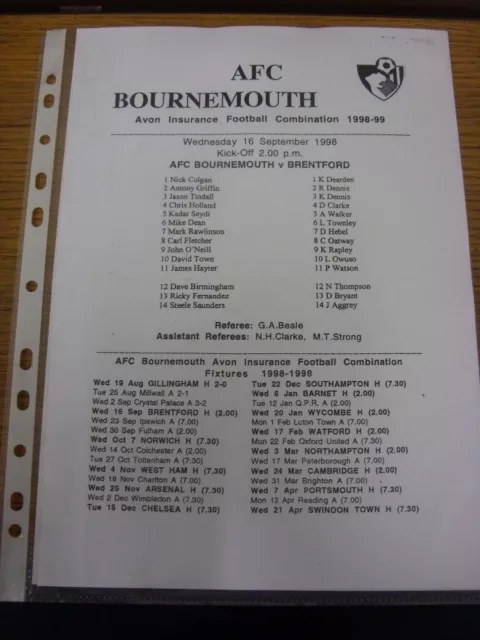 16/09/1998 Bournemouth Reserves v Brentford Reserves  (single sheet). Condition: