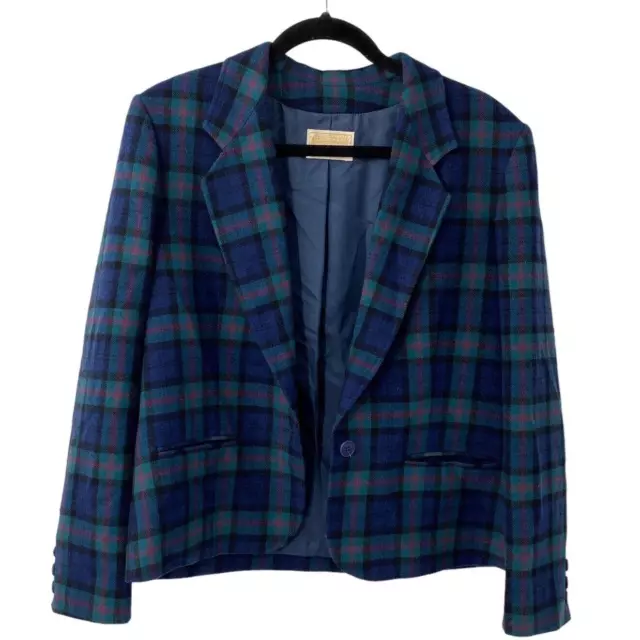 Pendleton Tartan Plaid Wool Blazer Jacket Blue Womens Size 12 Vintage