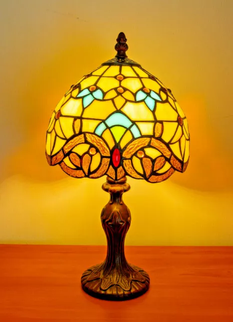 14" Tiffany Table Lamps Leadlight Stained Glass Crystal Bead Crown Style