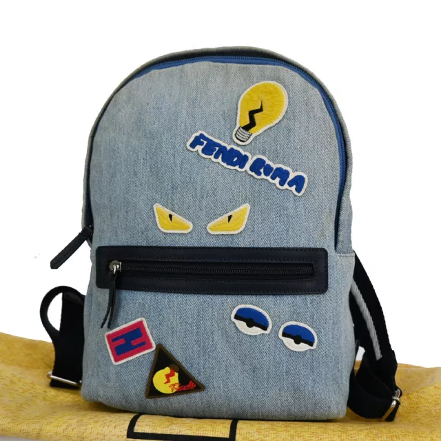 FENDI Logo Montsouris Bag Bugs Patches Backpack Bag Denim Leather Blue 61YE190