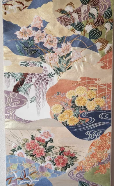 Japanese Kimono Fukuro Obi Vintage RARE Wisteria Maple Blue Purple Four Seasons