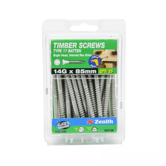 Zenith 14G x 85mm Galvanised Type 17 Batten Bugle Head Timber Screws - 25 Pack