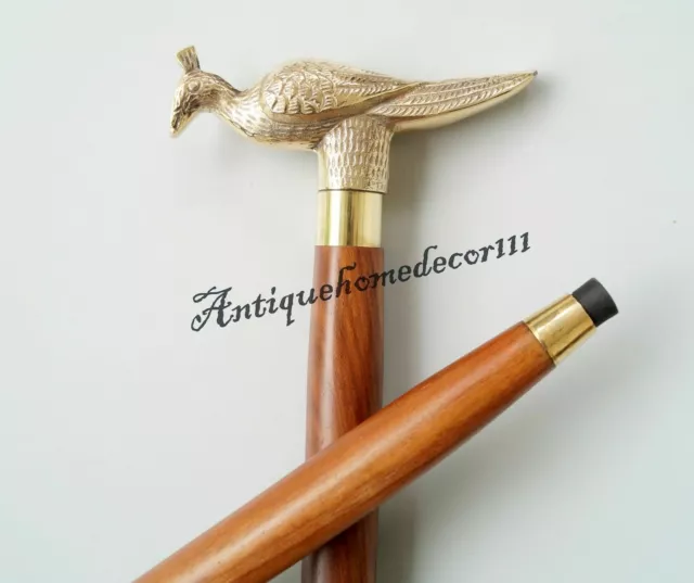 Vintage Brass Peacock Head Handle Victorian Wooden Walking Stick Antique Canes