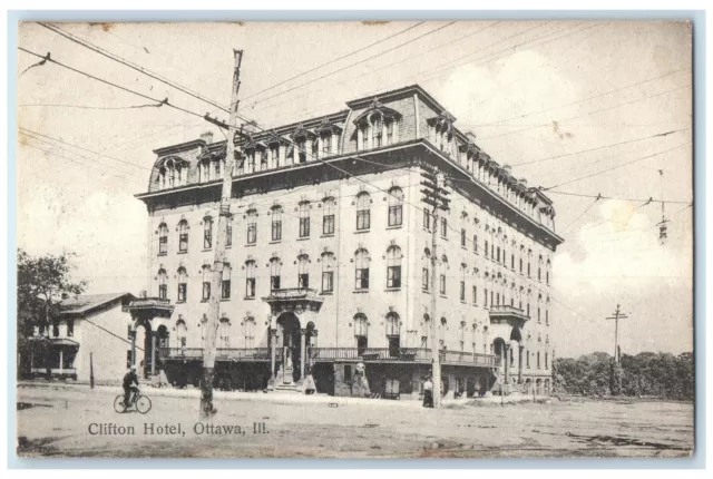 1907 Clifton Hotel Restaurant Dirt Road Riding Bicycle Ottawa Illinois Postcard