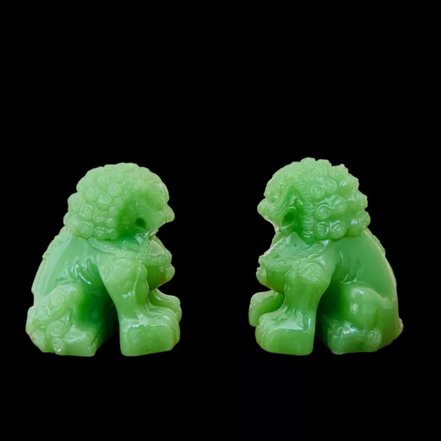 Jadeite Foo Dogs 1940s Green Chinese Carved Sculpture Figurines Asian 2 Pieces