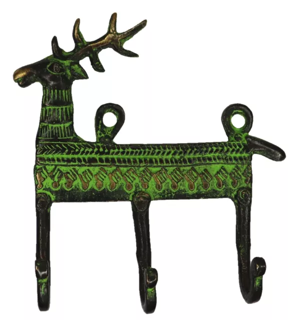 Deer Shape Victorian Antique Finish Handmade Brass Key Cloth 3 Hook Wall Hanger