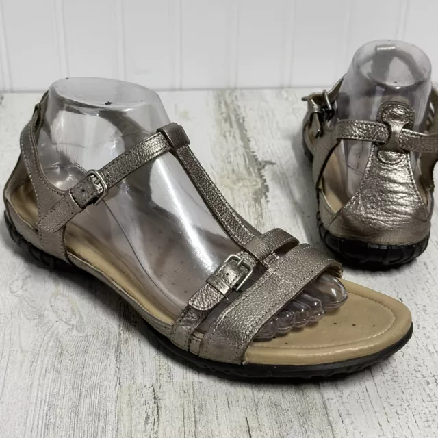 Ecco Flash T-strap Comfort Sandals Leather Metallic Pewter Gold EU 41 US 10