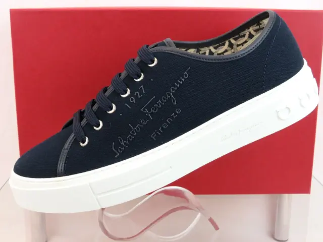 $695 Ferragamo Mediterr Navy Canvas Leather Trim Gancini Logo Sneakers 10 M
