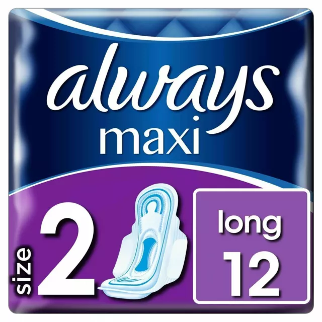 12 x Always Maxi Long Sanitary Pads w/ Wings, Leakage Barriers - Super Absorbent