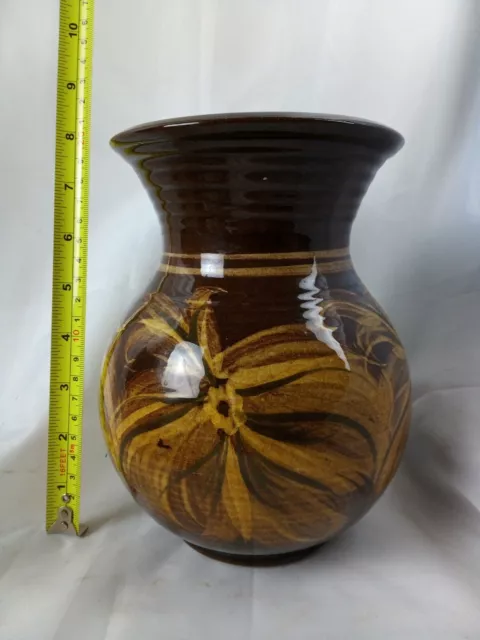 Vase Vintage Vase Ceramic  Studio Pottery Hand Made  Brown Flower Ptn  Signed P