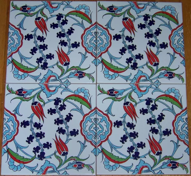 12 8"x8" Turkish Iznik Red Tulip & Light Blue Floral Pattern Ceramic Tile