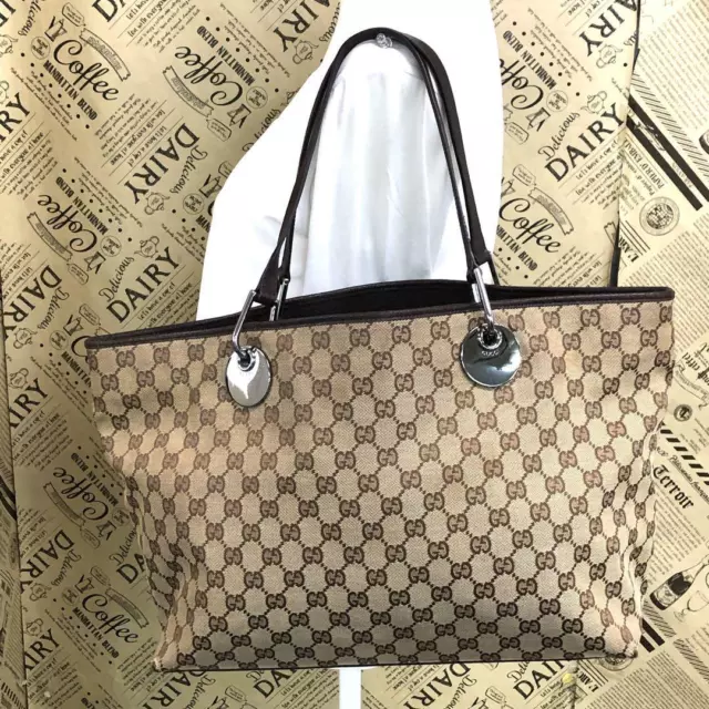 GUCCI Hand bag Tote Bag GG Supreme Canvas Leather Beige Brown Authentic