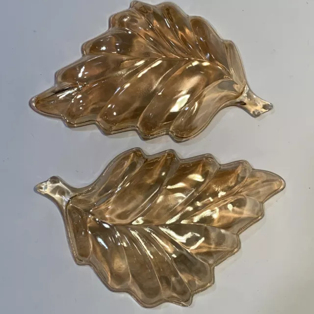 Jeanette Marigold Amber Carnival Glass Leaf Dishes Set 2 Vintage Trinket