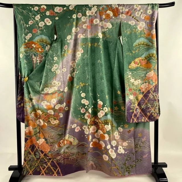 Japanese kimono SILK"FURISODE" long sleeves,Gld leaf/thread,Peonies,L5'3"..3594