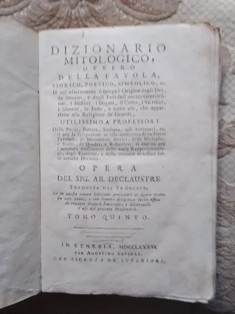 Declaustre,Dizionario Mitologico 1786 Tomo Quinto