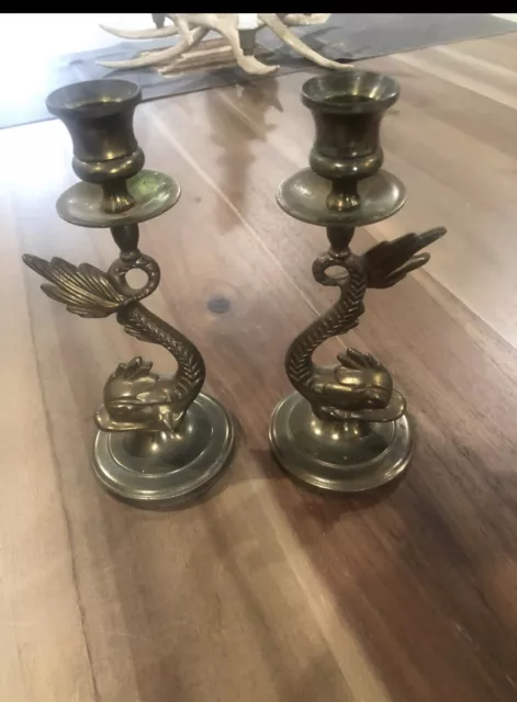 Brass Pair of Koi Fish or Dolphin Candlesticks W Mark Candle Holders