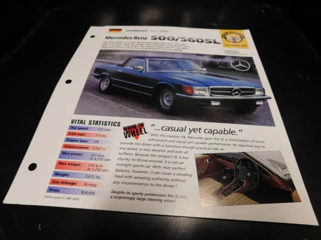 1971-1989 Mercedes Benz 500/560SL Spec Sheet Brochure Photo Poster 88 87 86 85