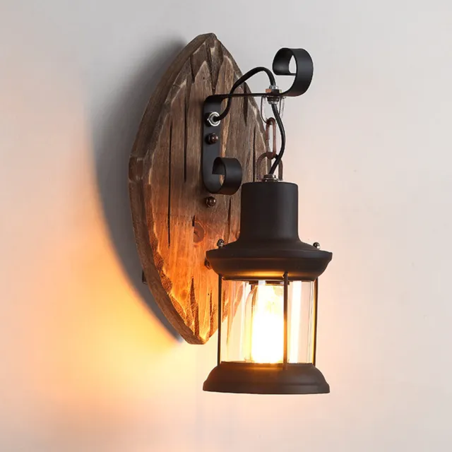 Antik Retro Vintage Wandleuchter Holz Wandlampe Industriell Licht Flur Bar E27