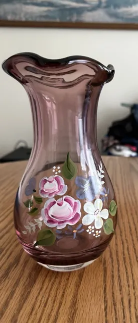 Teleflora Fenton 8" Ruffled Purple Amethyst Glass Vase, Hand-Painted Flowers