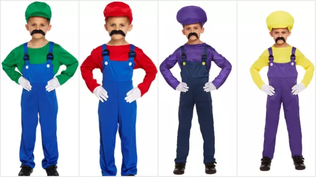 BAMBINI BAMBINI SUPER Mario Bros Luigi Wario Waluigi Costume 4-12 Anni EUR  5,84 - PicClick IT