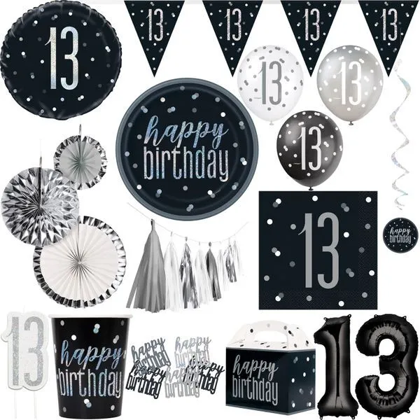 13. Compleanno Party Decorazione Set Nero Argento Geburtstagsdeko Bambini