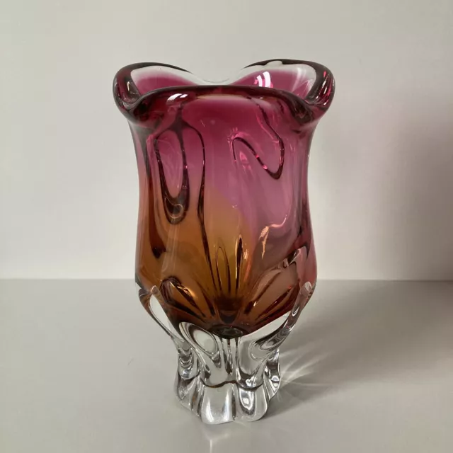 Vintage Czech Art Glass Vase Chribska Josef Hospodka Pink & Amber Cased 21cm