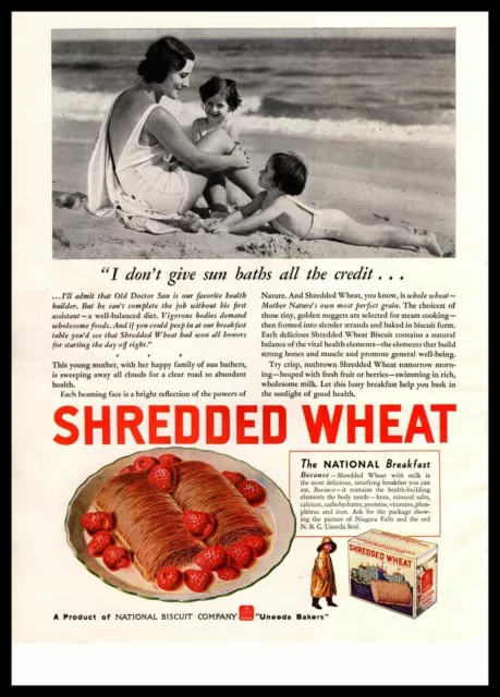 1935 Shredded Wheat Breakfast Cereal Strawberries Mother Children Beach Print Ad
