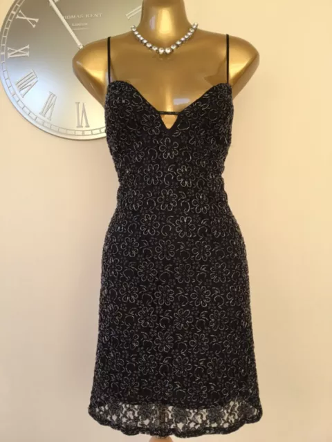 💕Karen Millen - 10 Uk - Stunning Vintage Black Art Deco Beaded Cocktail Dress.