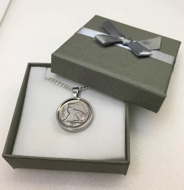 Irish 3d Coin Pendant Necklace -Silver Plated- Hare Design Irish Threepence Gift