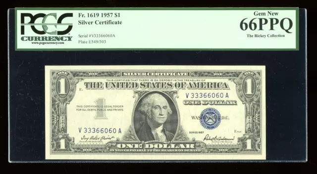 DBR 1957 Silver Fr. 1619 VA Block Gem PCGS 66 PPQ Serial V33366060A