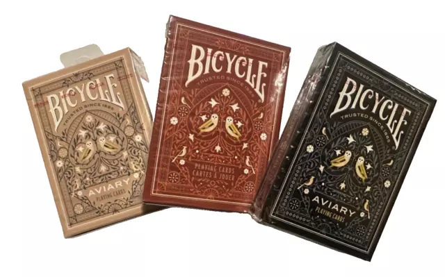 Lot 3 Bicycle AVIARY TAN RED BLUE Playing Cards Custom Owl Face OOP orange teal