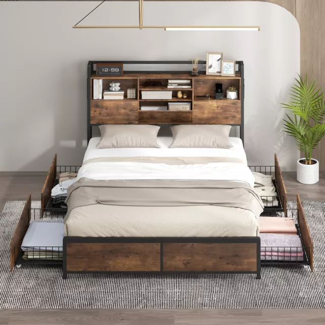 King Size Bed Frame Metal Platform Bed w/4 Storage Drawers & Storage Headboard