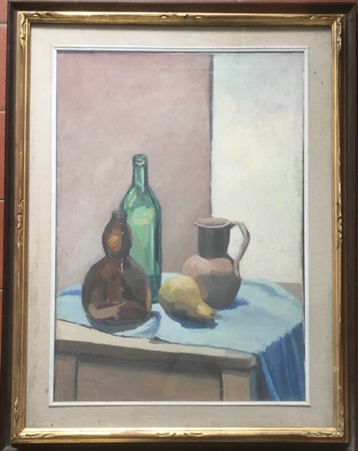 Composizione con vasi e pera, olio su tela cm 50x70+ cornice e vetro firmato