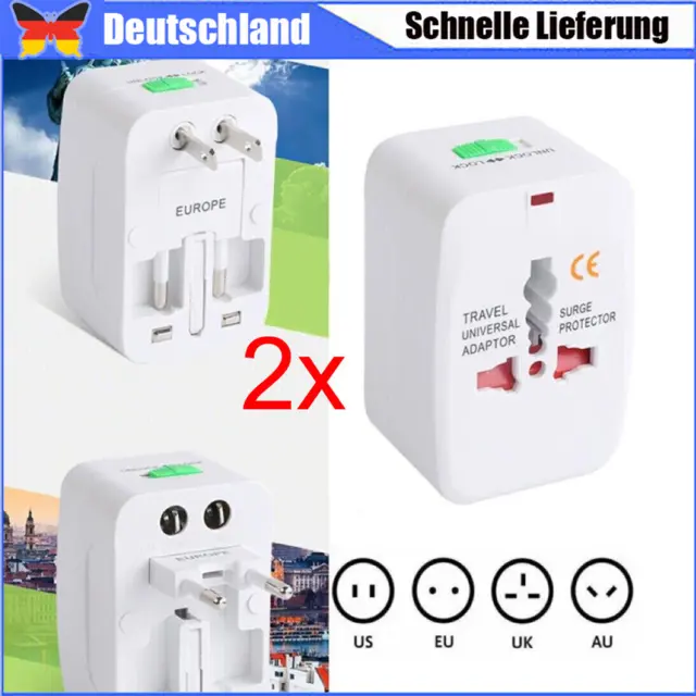 2x Universal Steckdose Reiseadapter USB 150 Länder Stecker Netzadapter EU USA DE