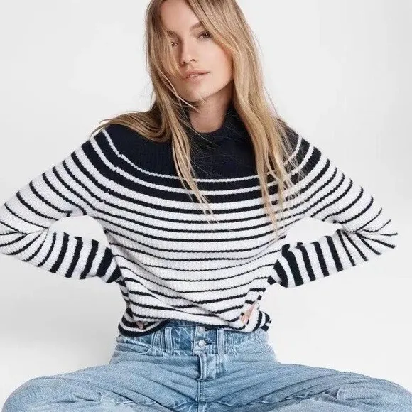 Rag & Bone Cashmere Striped Navy Blue White Turtleneck Nautical Sweater Size XL