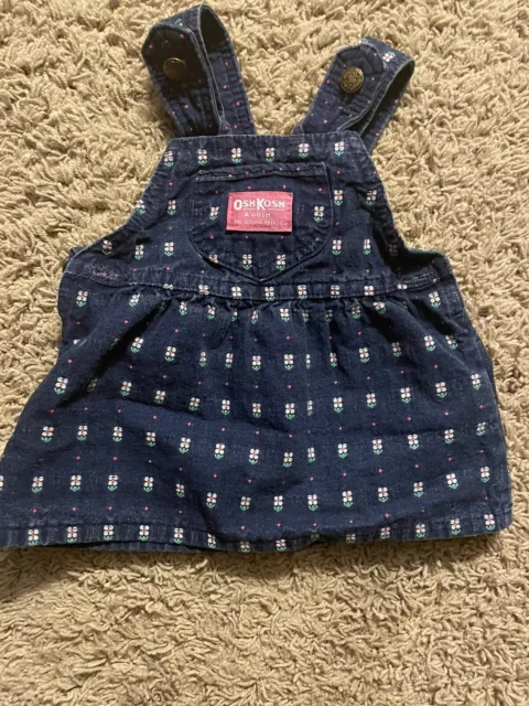 Vintage Oshkosh B’Gosh Blue Denim Overall Dress With Pink And White Flowers