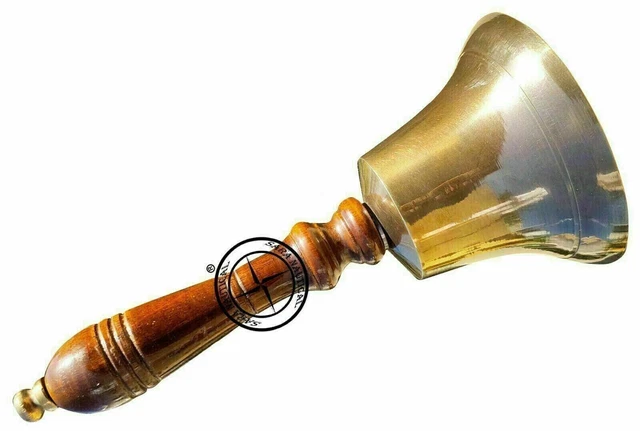 Campana de mano pesada grande de latón macizo náutico con mango de madera...
