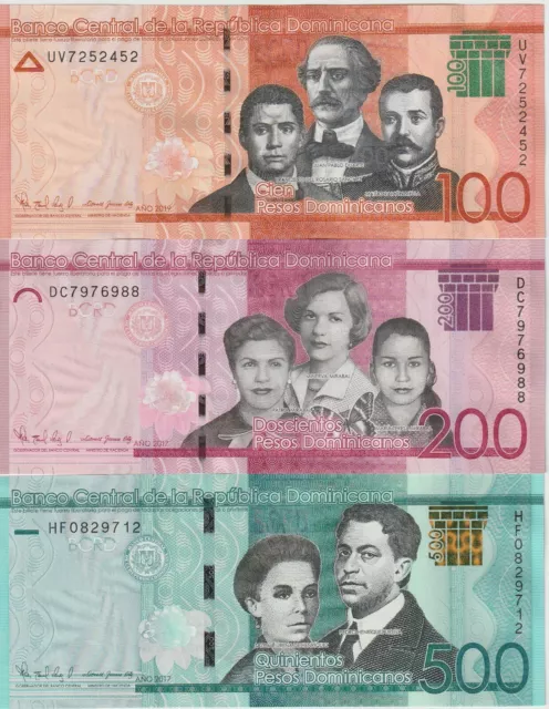 Dominican Republic Set 100 200 500 Pesos Banknotes 2017/19 Choice Unc P#190-192