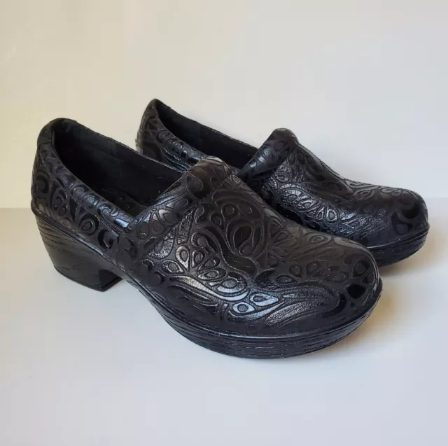 BOC Born Concept Size 9 Paisley Embossed Slip On Clogs Black Shoes Nurses Tooled