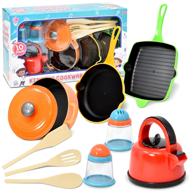 Pretend Play Cooking Set - Kitchen Pots & Pans, Pretend Food - 10 Piece Set